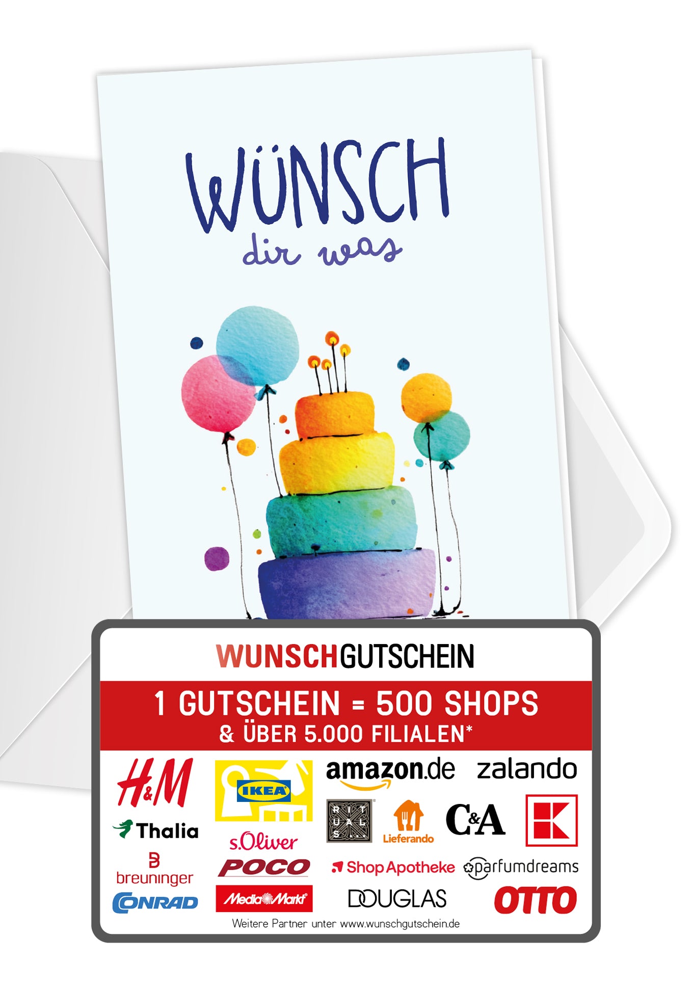Wunschgutschein Wünsch dir was - Torte und Ballons Bunt – Geschenkgutschein Ansicht 1