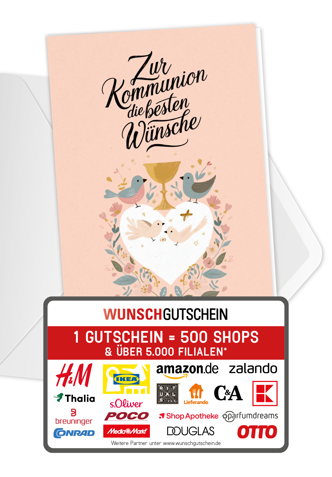 Wunschgutschein Zur Kommunion - Herz Vögel PDF – Geschenkgutschein Ansicht 1