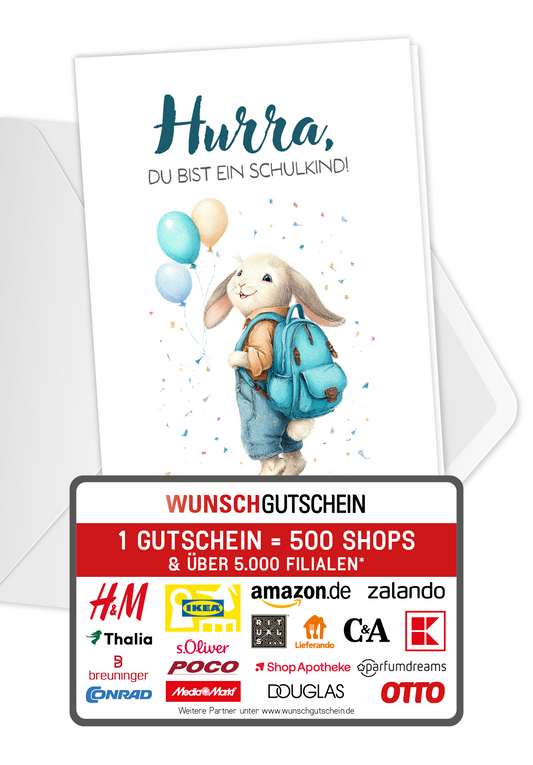 Wunschgutschein Hurra Schulkind - Hase – Geschenkgutschein Ansicht 1