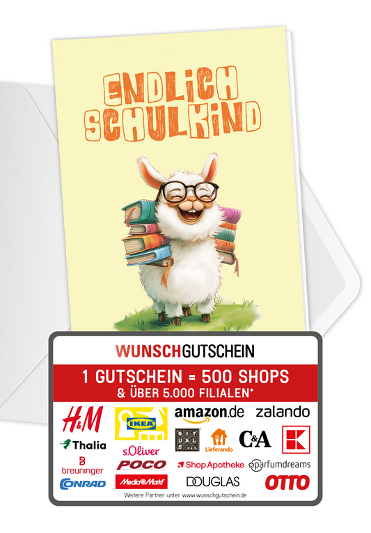Wunschgutschein Endlich Schulkind - Lama – Geschenkgutschein Ansicht 1