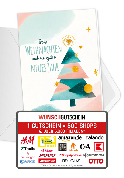 Wunschgutschein Frohe Weihnachten Neujahr - Tanne Grün Rosa – Geschenkgutschein Ansicht 1