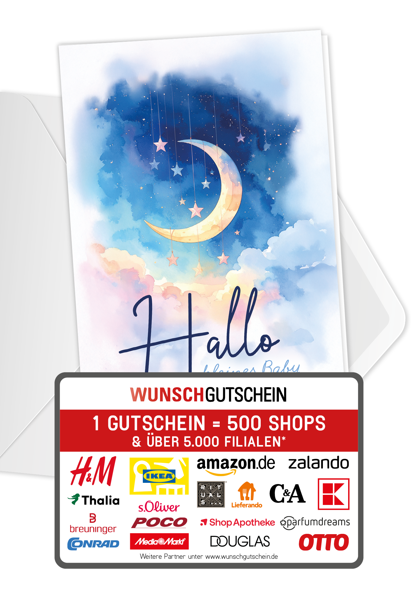 Wunschgutschein Hallo kleines Baby - Mond Sterne – Geschenkgutschein Ansicht 1
