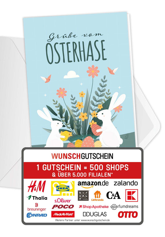 Wunschgutschein Grüße vom Osterhasen - Hase und Blumen – Geschenkgutschein Ansicht 1
