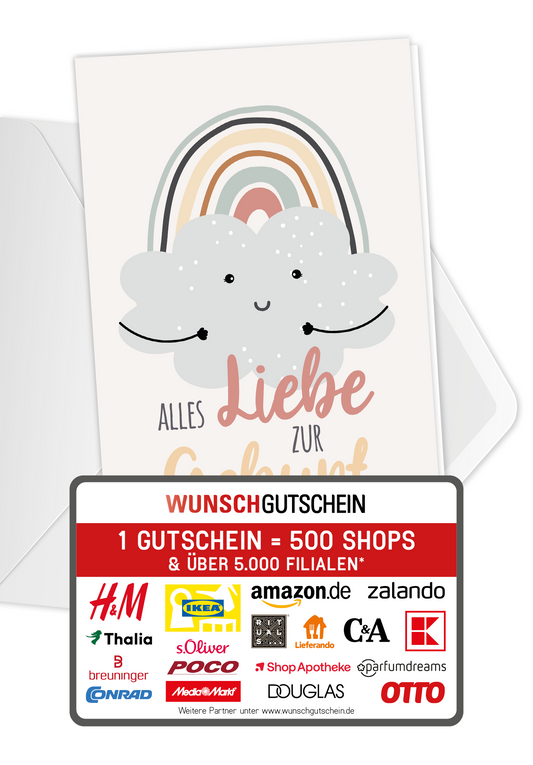 Wunschgutschein Alles Liebe zur Geburt - Wolke Regenbogen – Geschenkgutschein Ansicht 1