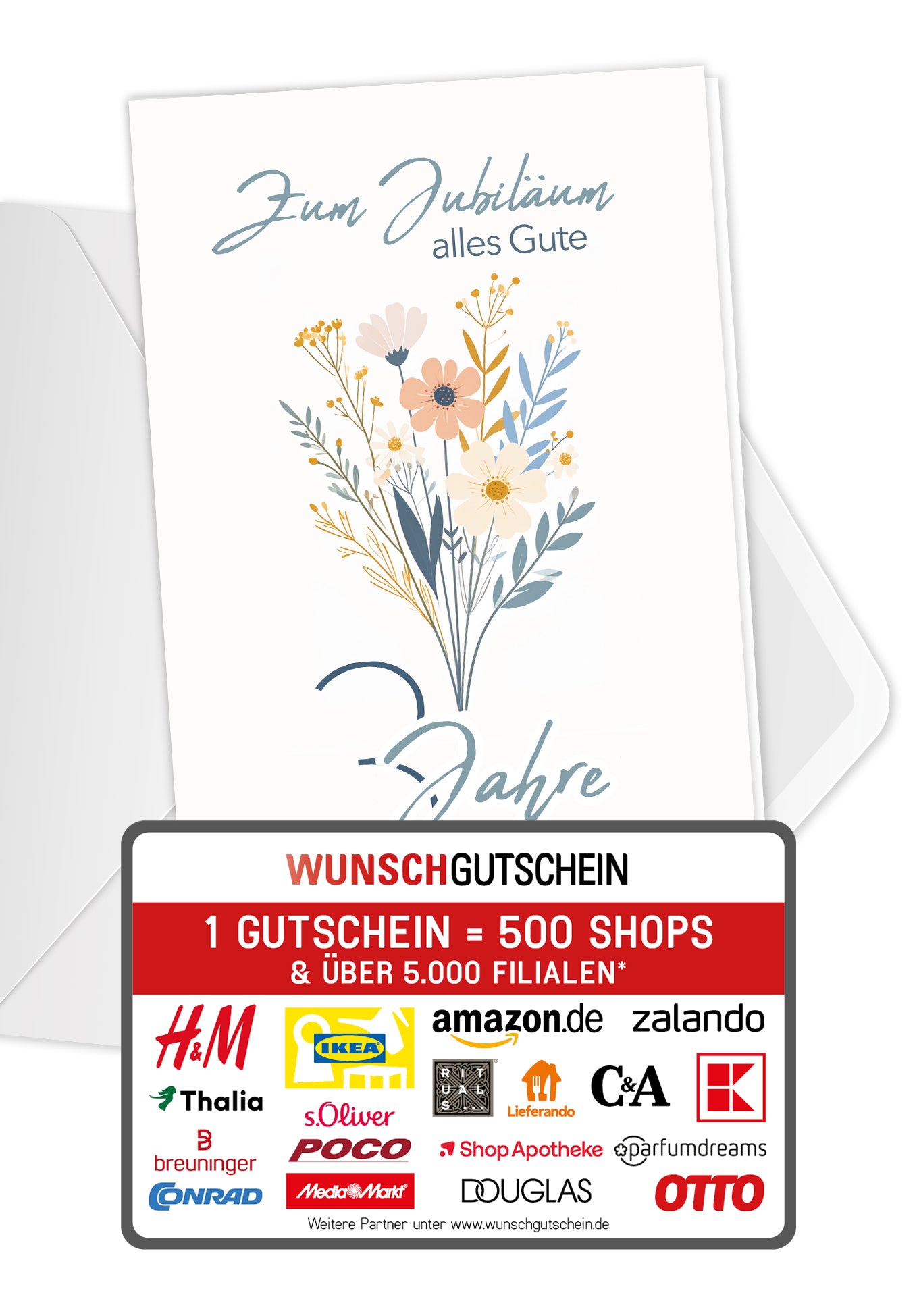 Wunschgutschein 3 Jahre - Blumenstrauß Weiß – Geschenkgutschein Ansicht 1