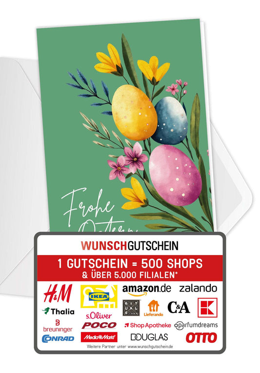 Wunschgutschein Frohe Ostern - Eier und Blumen Grün PDF – Geschenkgutschein Ansicht 1