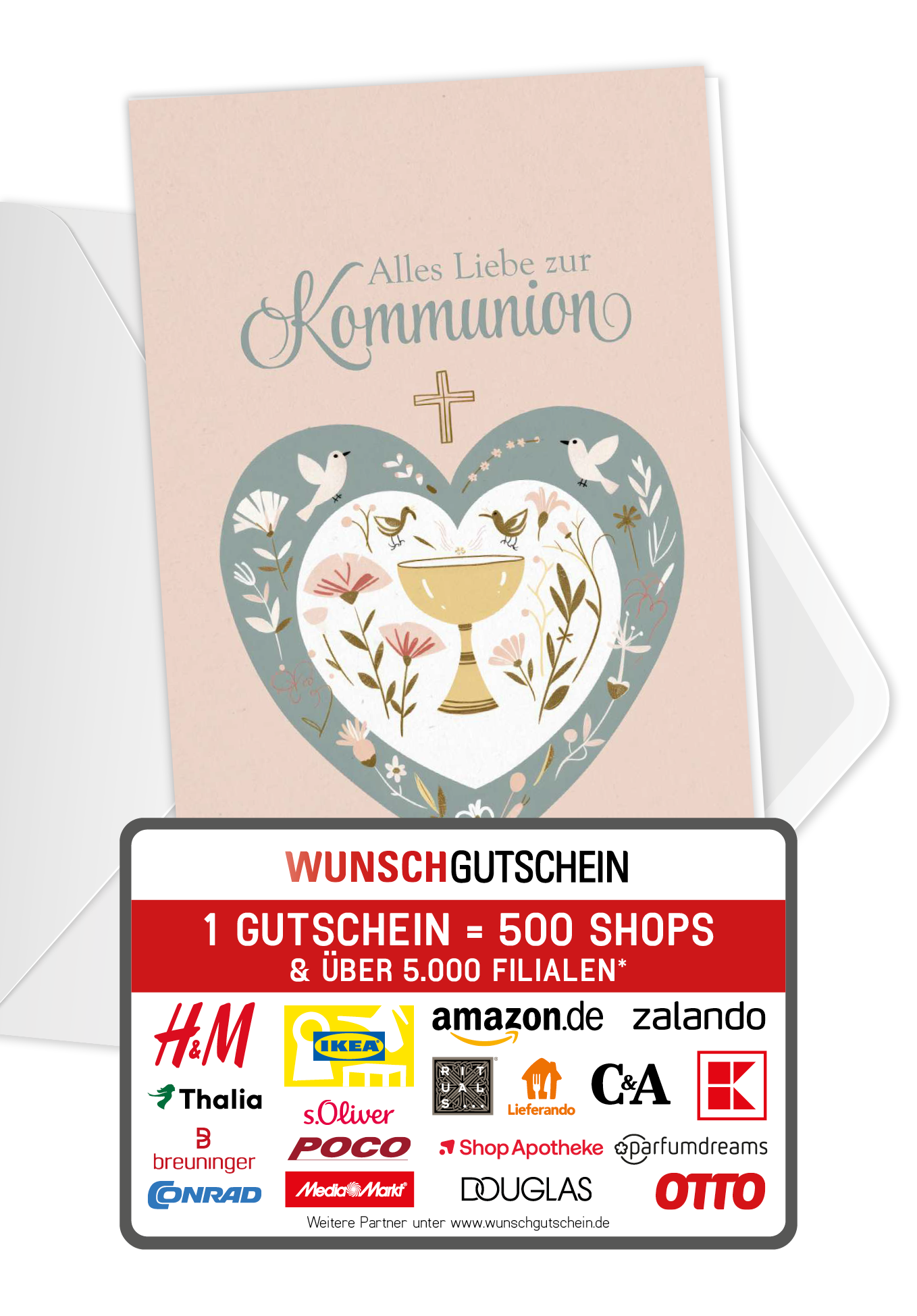 Wunschgutschein Alles Liebe zur Kommunion - Herz Vögel PDF – Geschenkgutschein Ansicht 1