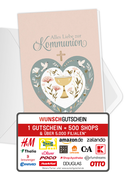 Wunschgutschein Alles Liebe zur Kommunion - Herz Vögel PDF – Geschenkgutschein Ansicht 1