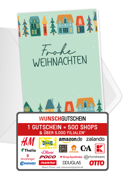 Wunschgutschein Frohe Weihnachten - Häuser PDF – Geschenkgutschein Ansicht 1