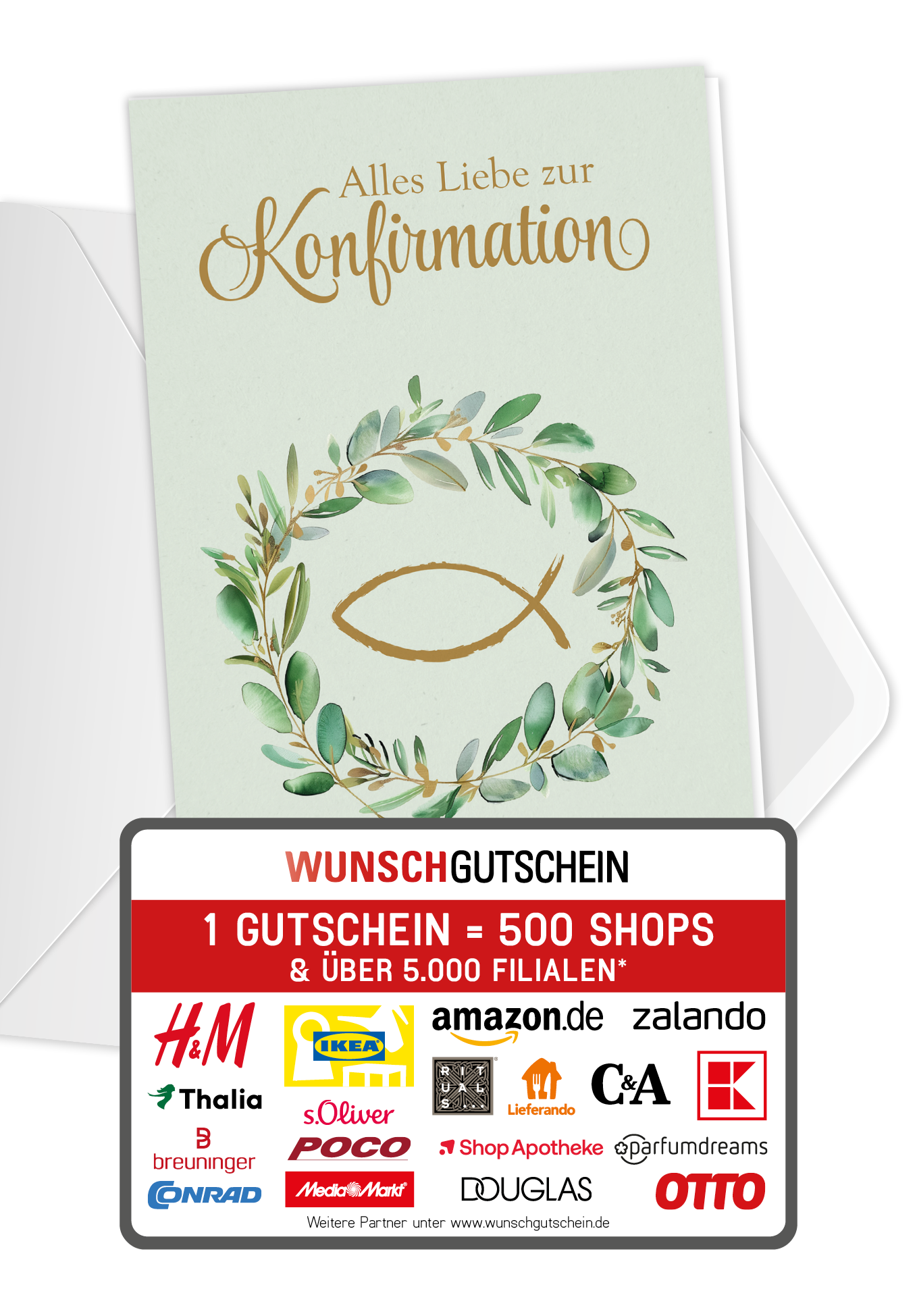 Wunschgutschein Zur Konfirmation - Kranz Fisch – Geschenkgutschein Ansicht 1