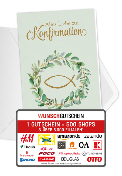 Wunschgutschein Zur Konfirmation - Kranz Fisch – Geschenkgutschein Ansicht 1