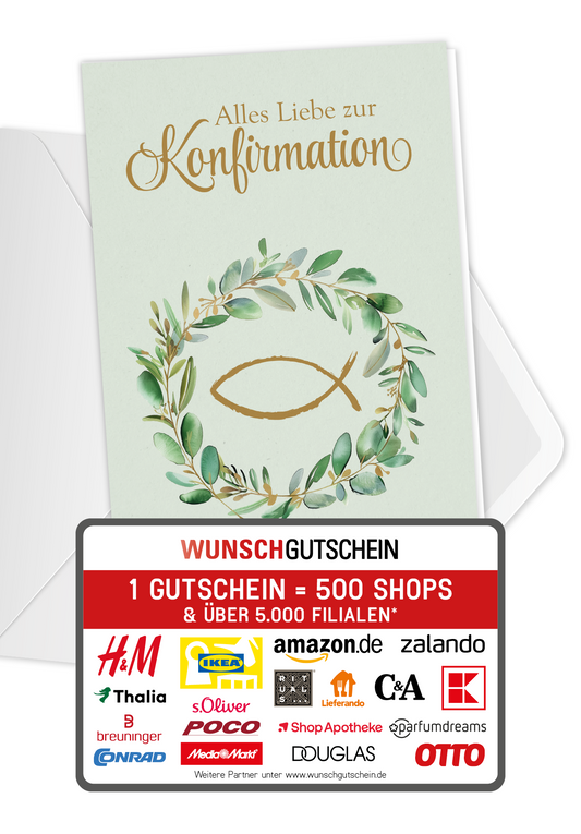 Wunschgutschein Zur Konfirmation - Kranz Fisch – Geschenkgutschein Ansicht 1