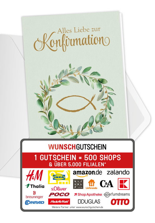 Wunschgutschein Zur Konfirmation - Kranz Fisch – Geschenkgutschein Ansicht 1