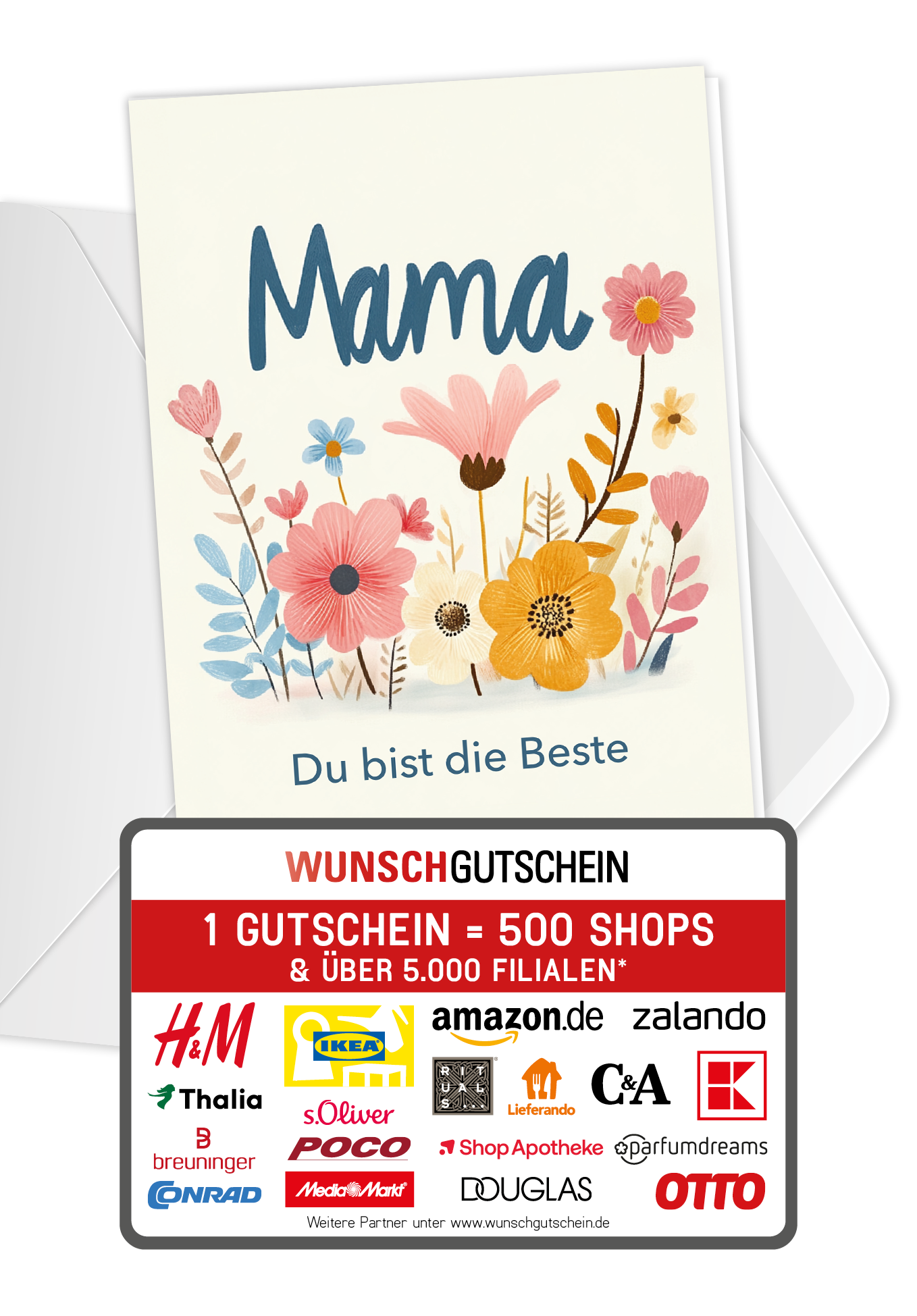 Wunschgutschein Mama du bist die Beste - Blumen Bunt – Geschenkgutschein Ansicht 1
