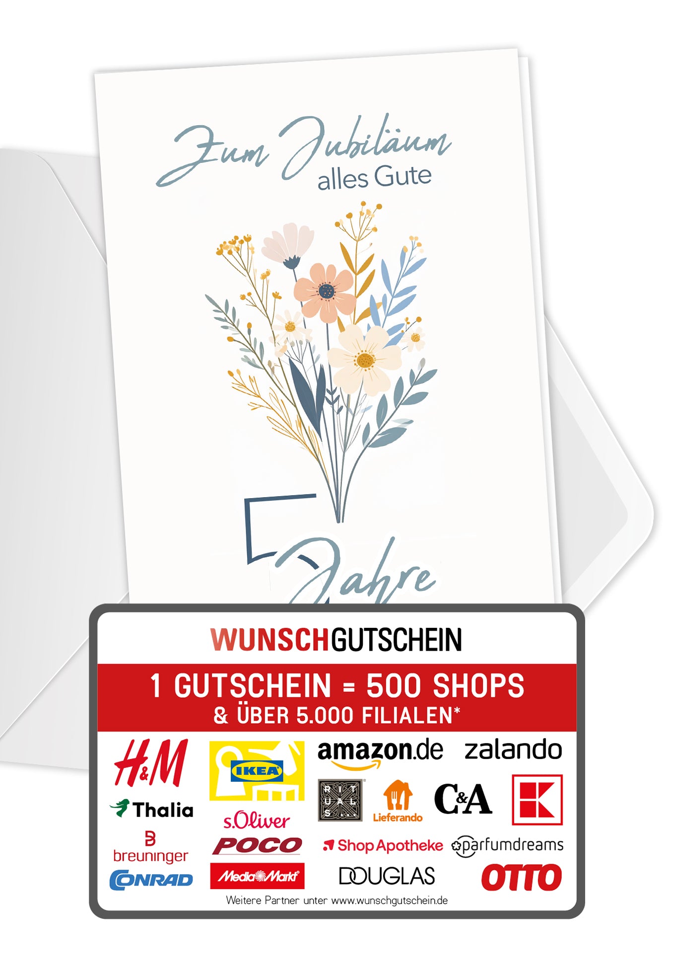 Wunschgutschein 5 Jahre - Blumenstrauß Weiß – Geschenkgutschein Ansicht 1
