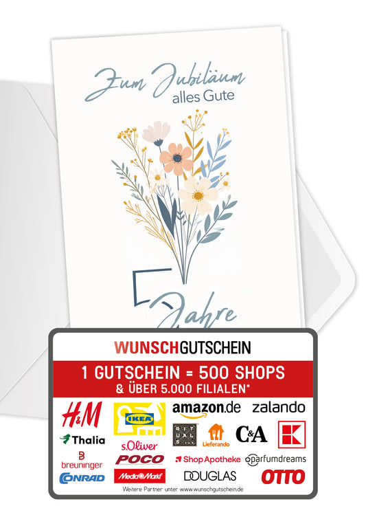 Wunschgutschein 5 Jahre - Blumenstrauß Weiß – Geschenkgutschein Ansicht 1