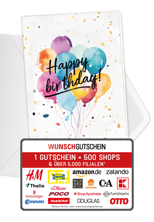 Wunschgutschein Happy Birthday - Ballons Aquarell – Geschenkgutschein Ansicht 1