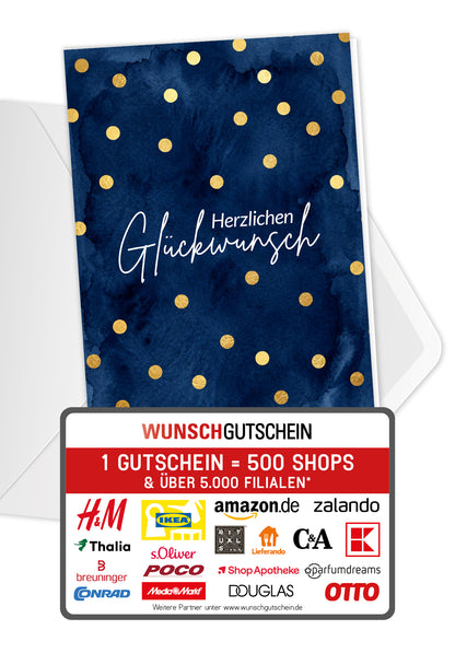 Wunschgutschein Herzlichen Glückwunsch - Punkte Gold Blau – Geschenkgutschein Ansicht 1