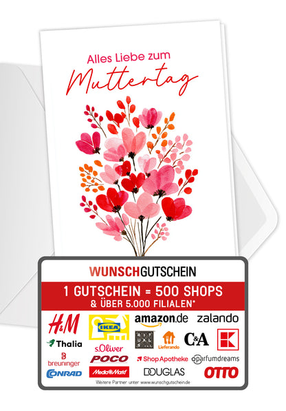 Wunschgutschein Alles Liebe zum Muttertag - Blumenstrauß Rosa Rot – Geschenkgutschein Ansicht 1