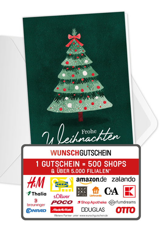 Wunschgutschein Frohe Weihnachten - Tannenbaum Grün PDF – Geschenkgutschein Ansicht 1