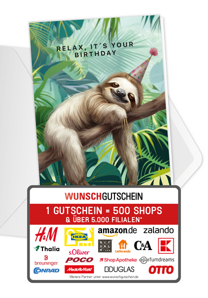 Wunschgutschein Relax Birthday - Faultier PDF – Geschenkgutschein Ansicht 1