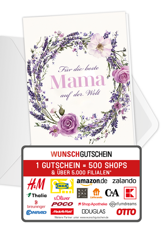 Wunschgutschein Für die beste Mama - Blumenkranz Lila – Geschenkgutschein Ansicht 1