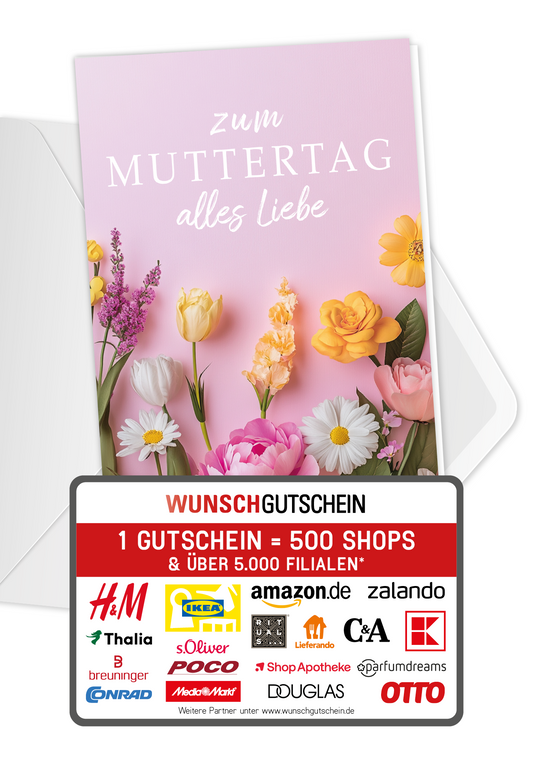 Wunschgutschein Zum Muttertag alles Liebe - Blumen Rosa PDF – Geschenkgutschein Ansicht 1