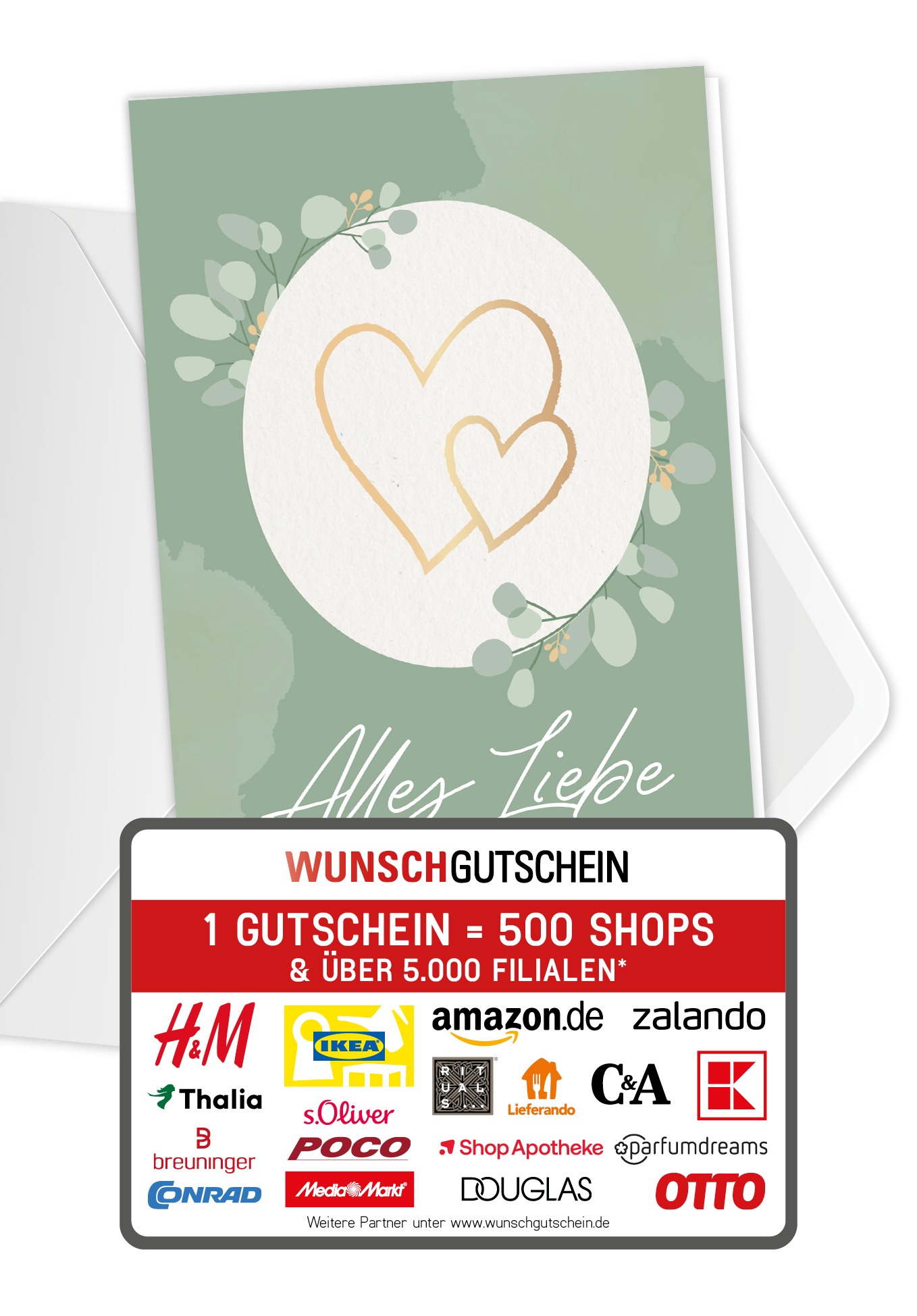 Wunschgutschein Alles Liebe zu eurer Hochzeit - Herzen Gold – Geschenkgutschein Ansicht 1