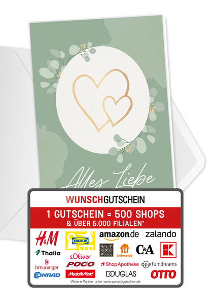 Wunschgutschein Alles Liebe zu eurer Hochzeit - Herzen Gold – Geschenkgutschein Ansicht 1