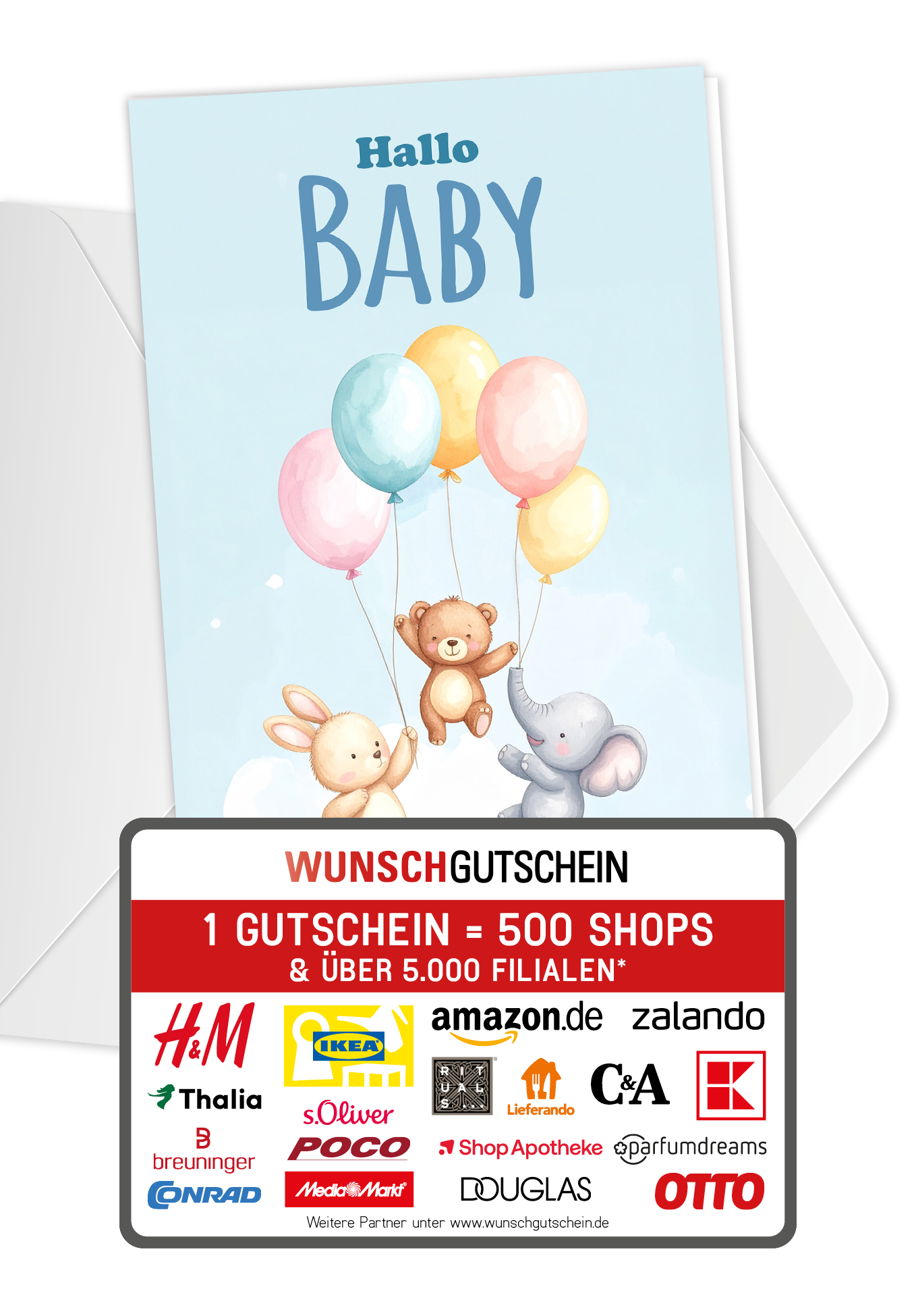 Wunschgutschein Hallo Baby - Ballons Tiere PDF – Geschenkgutschein Ansicht 1