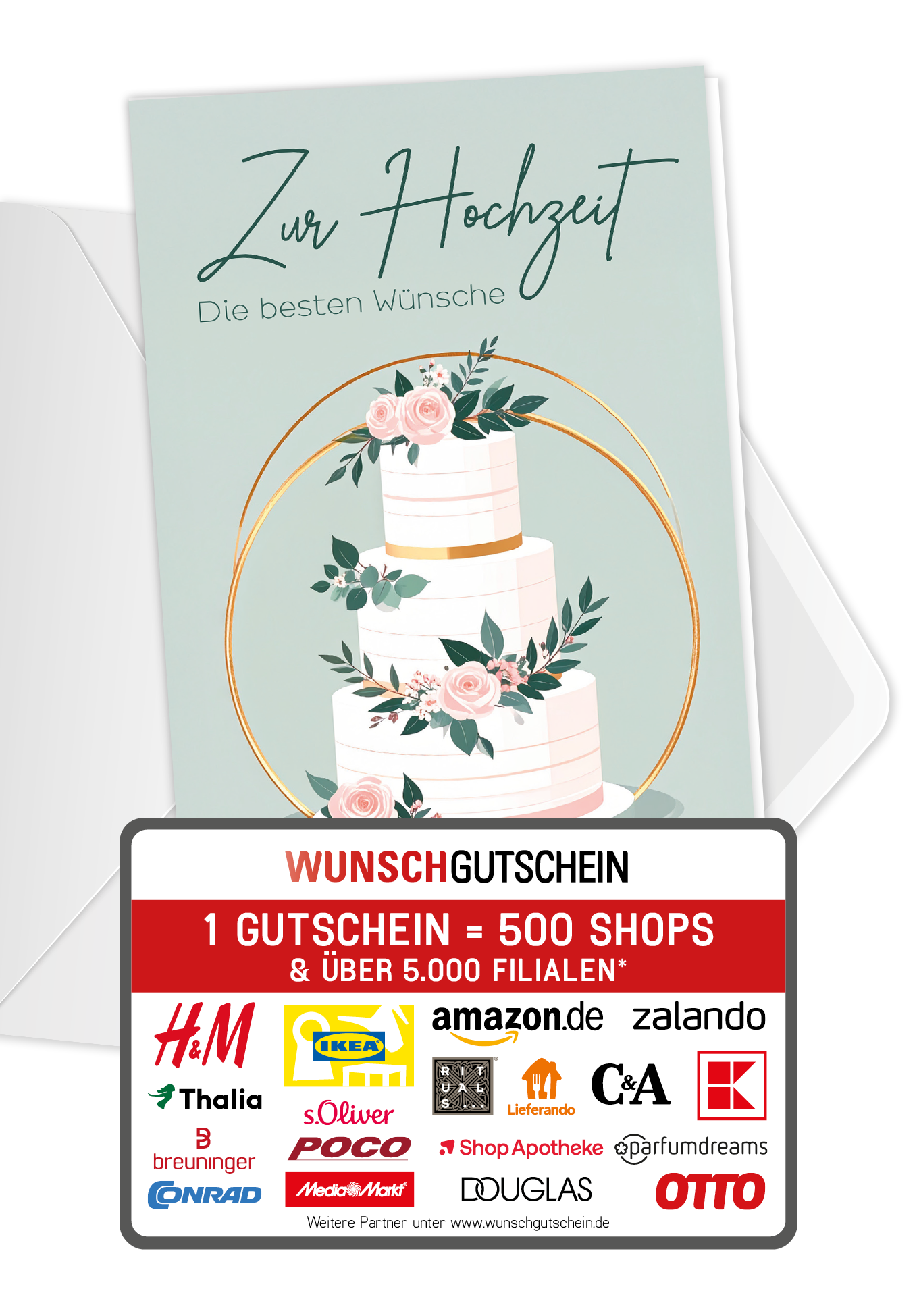 Wunschgutschein Zur Hochzeit die besten Wünsch - Torte Rosen – Geschenkgutschein Ansicht 1