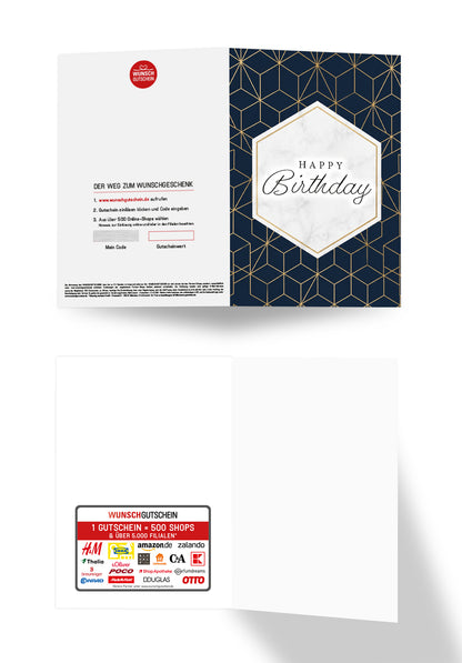 Wunschgutschein Happy Birthday - Muster Blau Gold PDF – Geschenkgutschein Ansicht 3