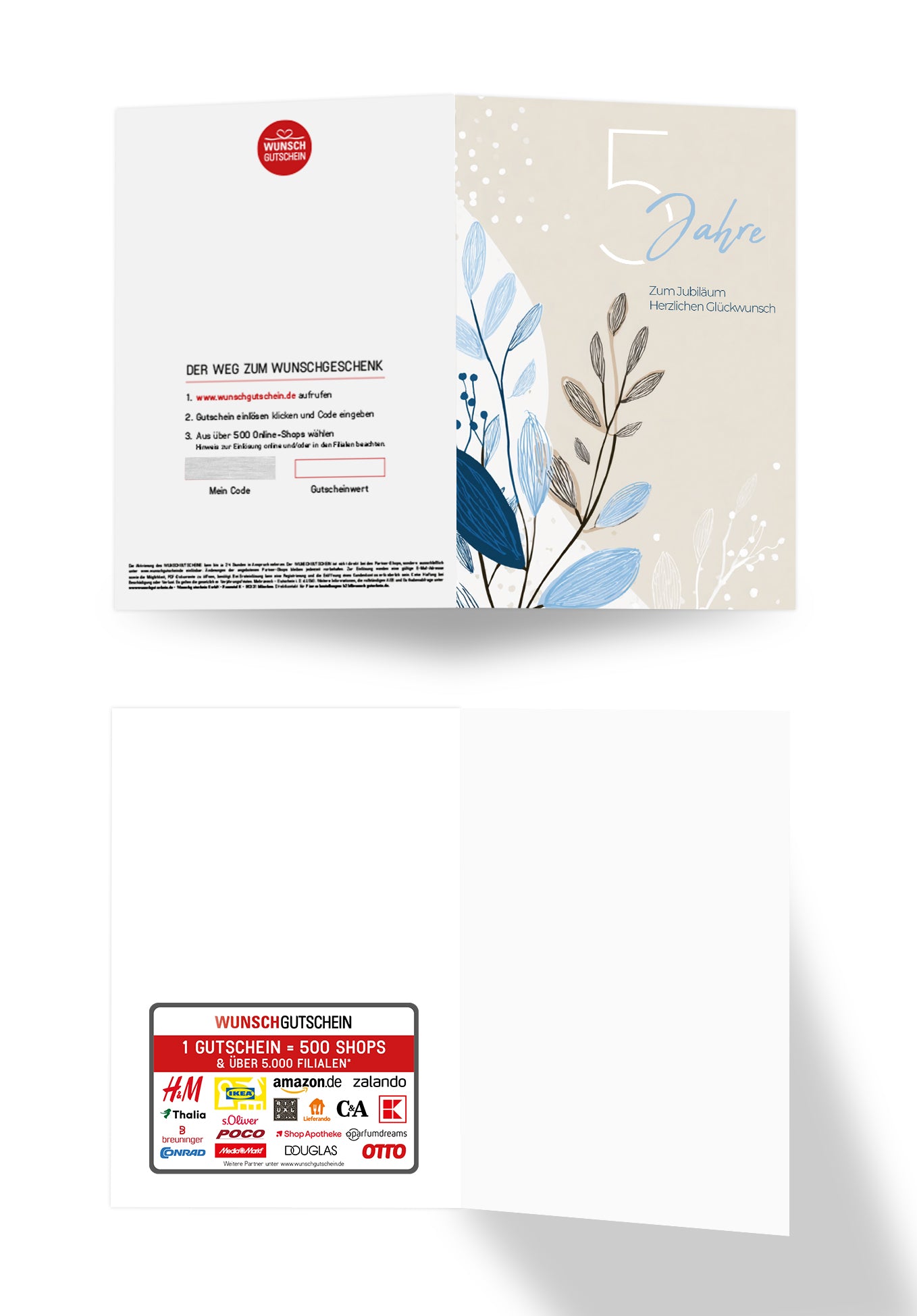 Wunschgutschein 5 Jahre - Blätter Beige - Blau – Geschenkgutschein Ansicht 2
