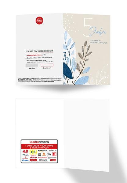 Wunschgutschein 5 Jahre - Blätter Beige - Blau – Geschenkgutschein Ansicht 2