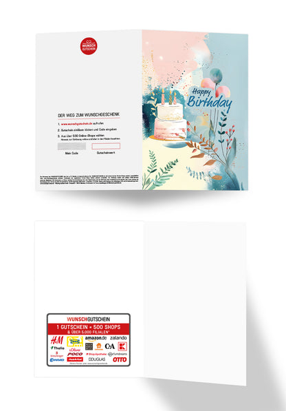 Wunschgutschein Happy Birthday - Torte und Ballons Blau PDF – Geschenkgutschein Ansicht 3