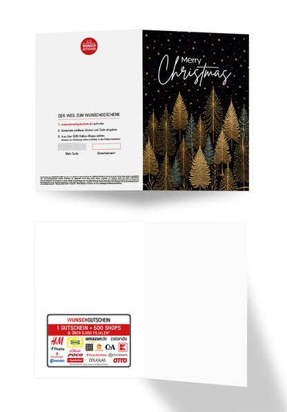 Wunschgutschein Merry Christmas - Bäume Schwarz Gold PDF – Geschenkgutschein Ansicht 3