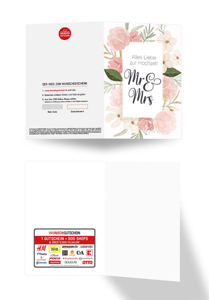 Wunschgutschein Alles Liebe zur Hochzeit Mr & Mrs - Blumen Rosa PDF – Geschenkgutschein Ansicht 3