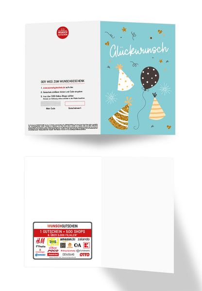 Wunschgutschein Glückwunsch - Ballons und Hüte Blau – Geschenkgutschein Ansicht 3