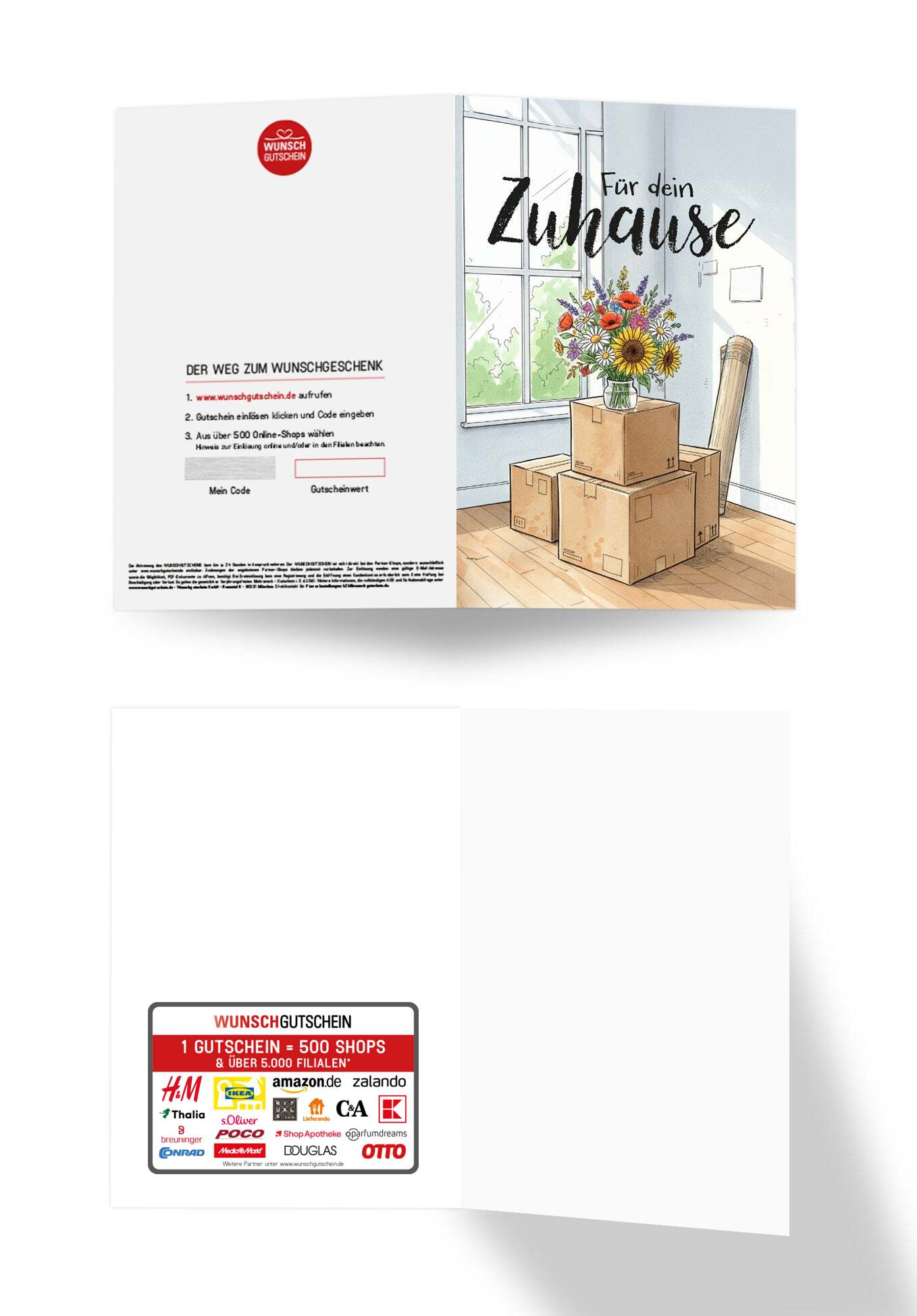 Wunschgutschein Für dein Zuhause - Blumenstrauß und Kartons PDF – Geschenkgutschein Ansicht 3