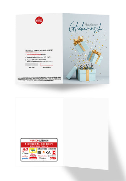 Wunschgutschein Herzlichen Glückwunsch - Geschenkboxen Blau Gold PDF – Geschenkgutschein Ansicht 3