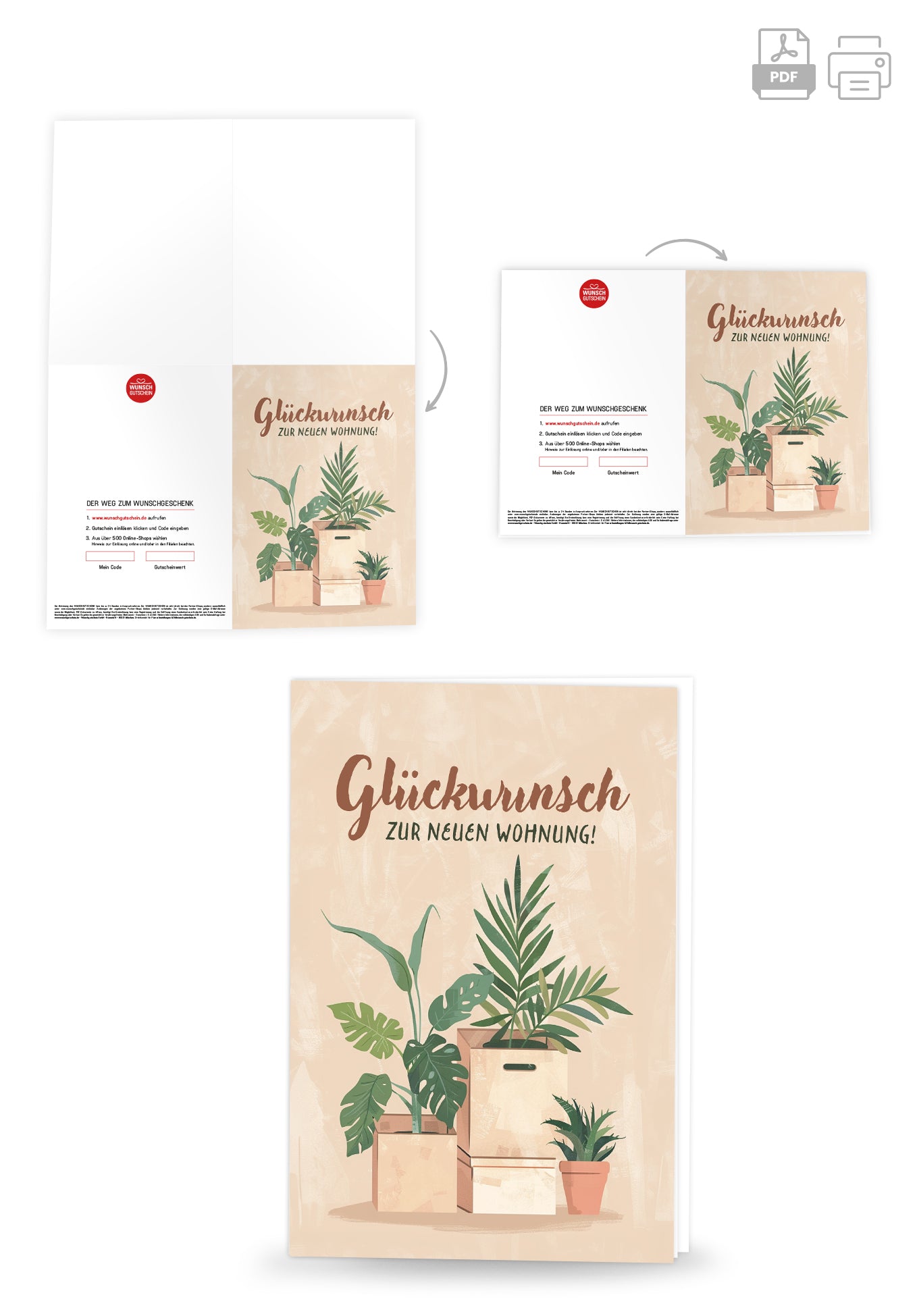 Wunschgutschein Glückwunsch zur neuen Wohnung - Kartons und Pflanzen PDF – Geschenkgutschein Ansicht 4