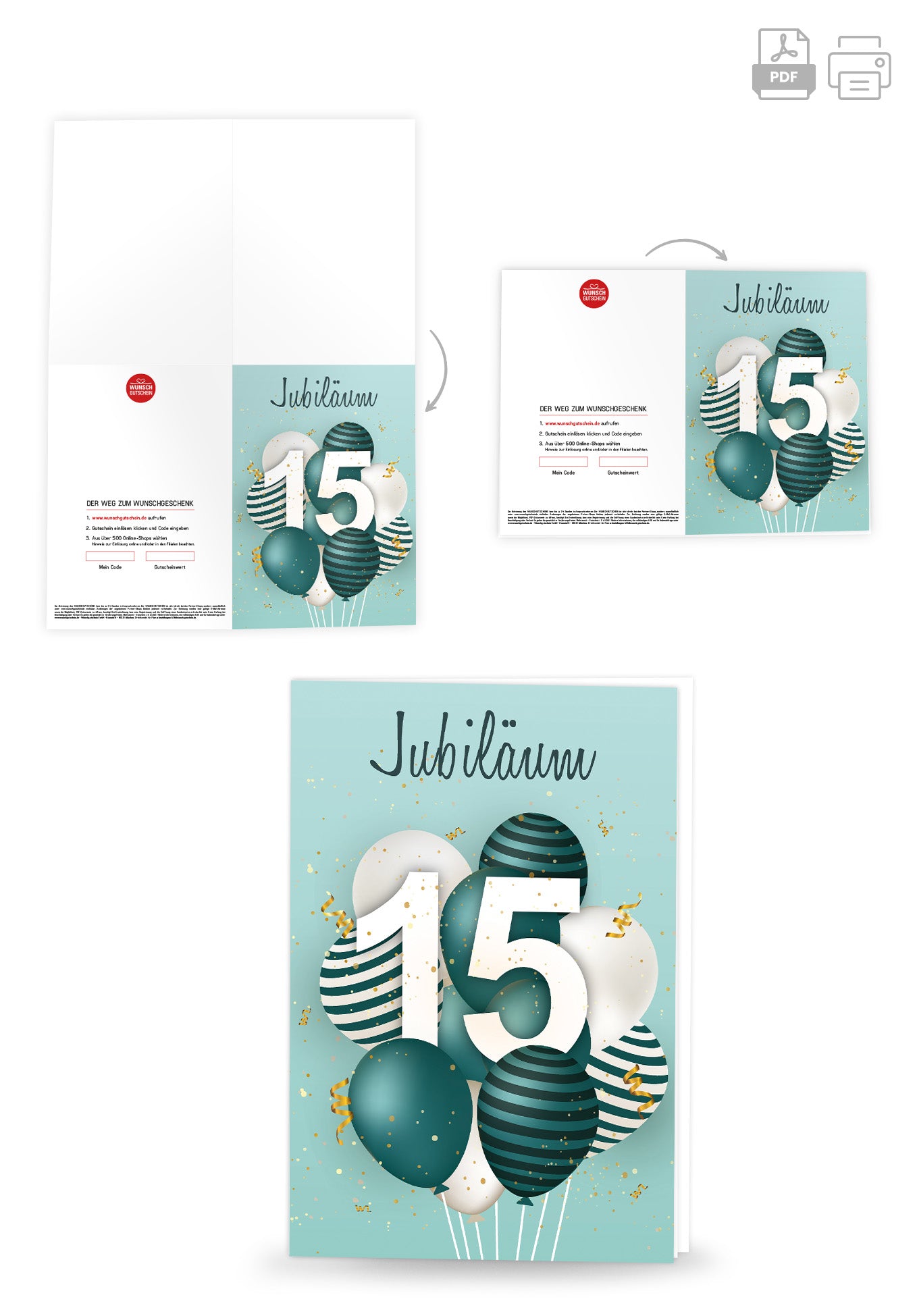 Wunschgutschein 15 Jahre Jubiläum - Ballons Grün PDF – Geschenkgutschein Ansicht 3
