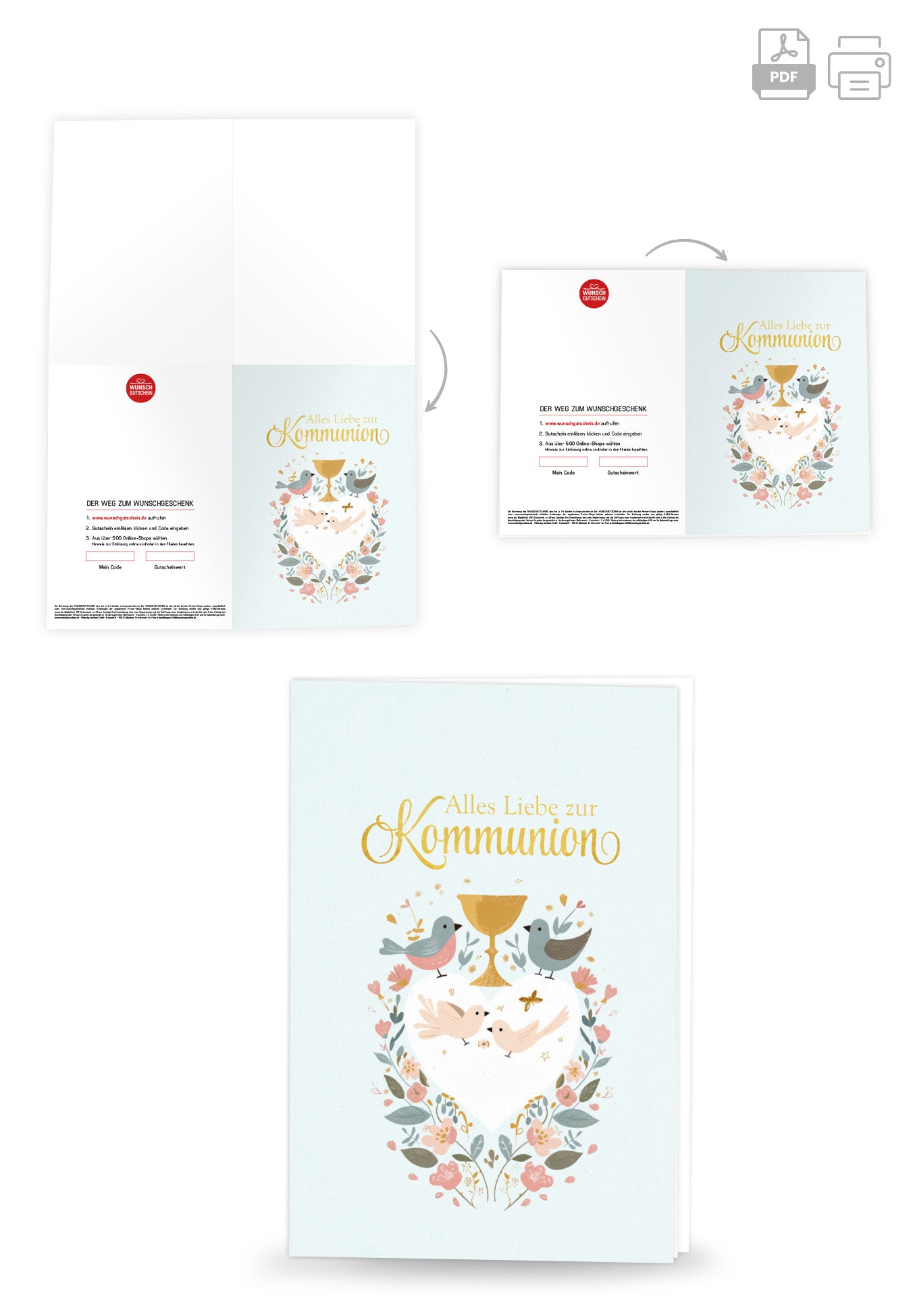 Wunschgutschein Alles Liebe zur Kommunion - Vögel Blumen PDF – Geschenkgutschein Ansicht 4