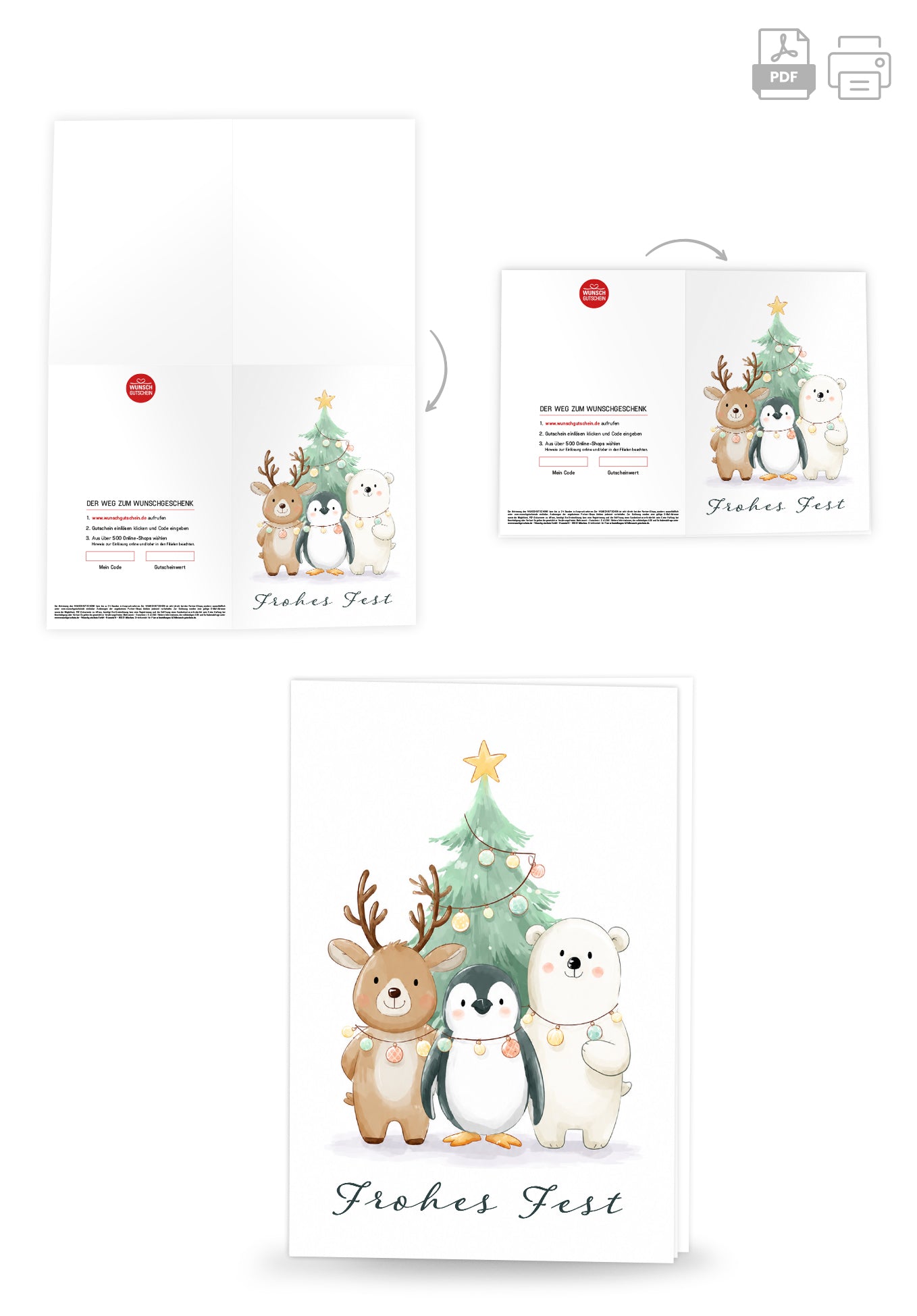 Wunschgutschein Frohes Fest - Tiere und Tannenbaum PDF – Geschenkgutschein Ansicht 4