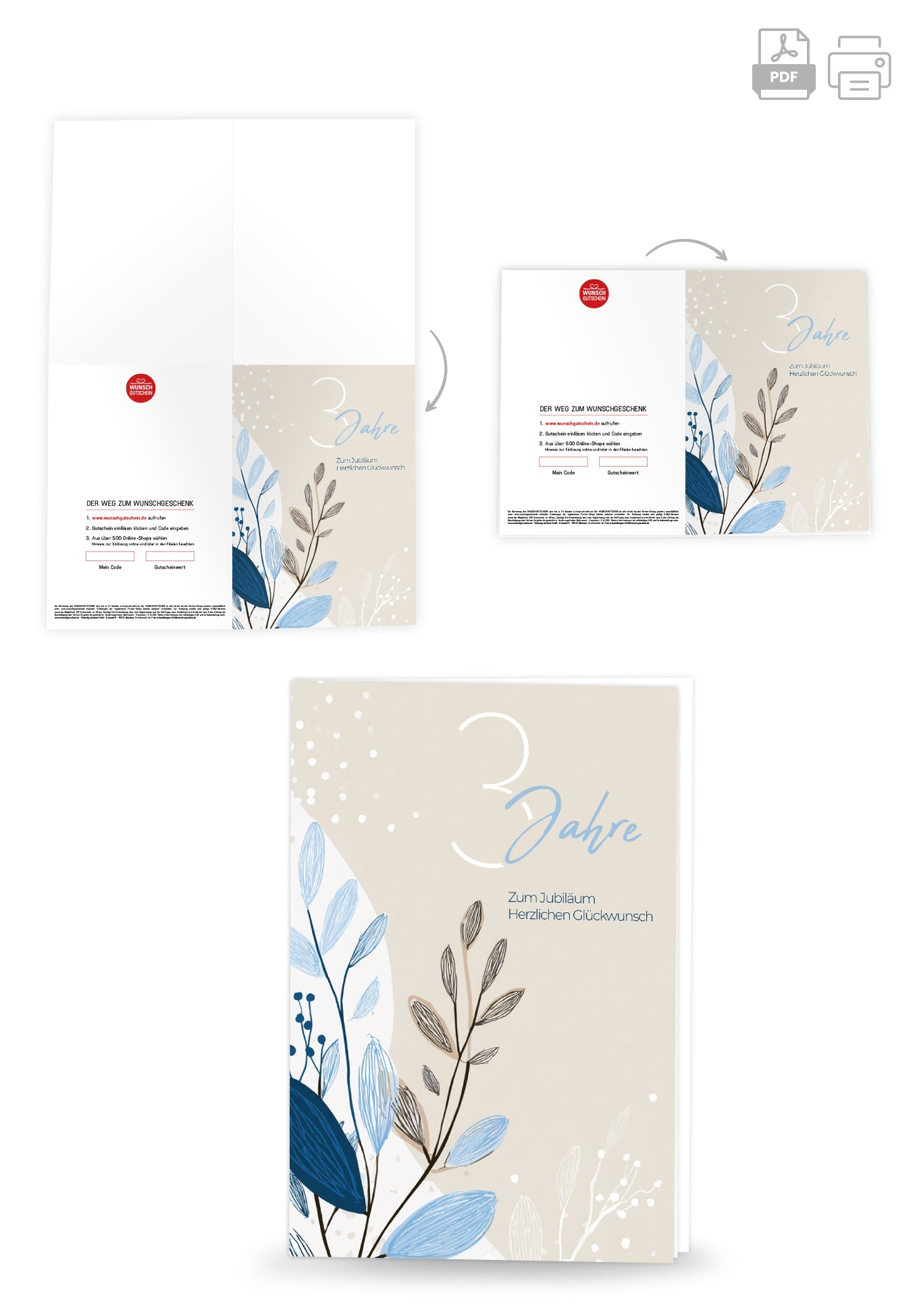 Wunschgutschein 3 Jahre - Blätter Beige - Blau – Geschenkgutschein Ansicht 4