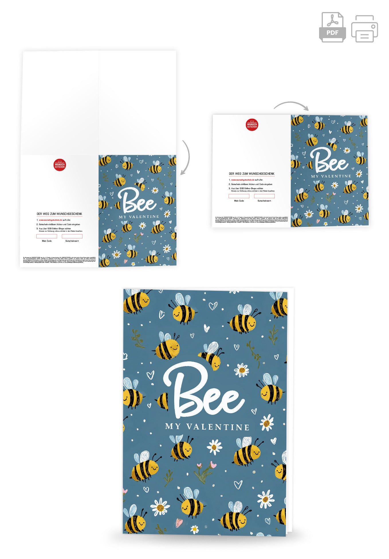 Wunschgutschein Bee my Valentine - Bienenmuster Blau PDF – Geschenkgutschein Ansicht 4