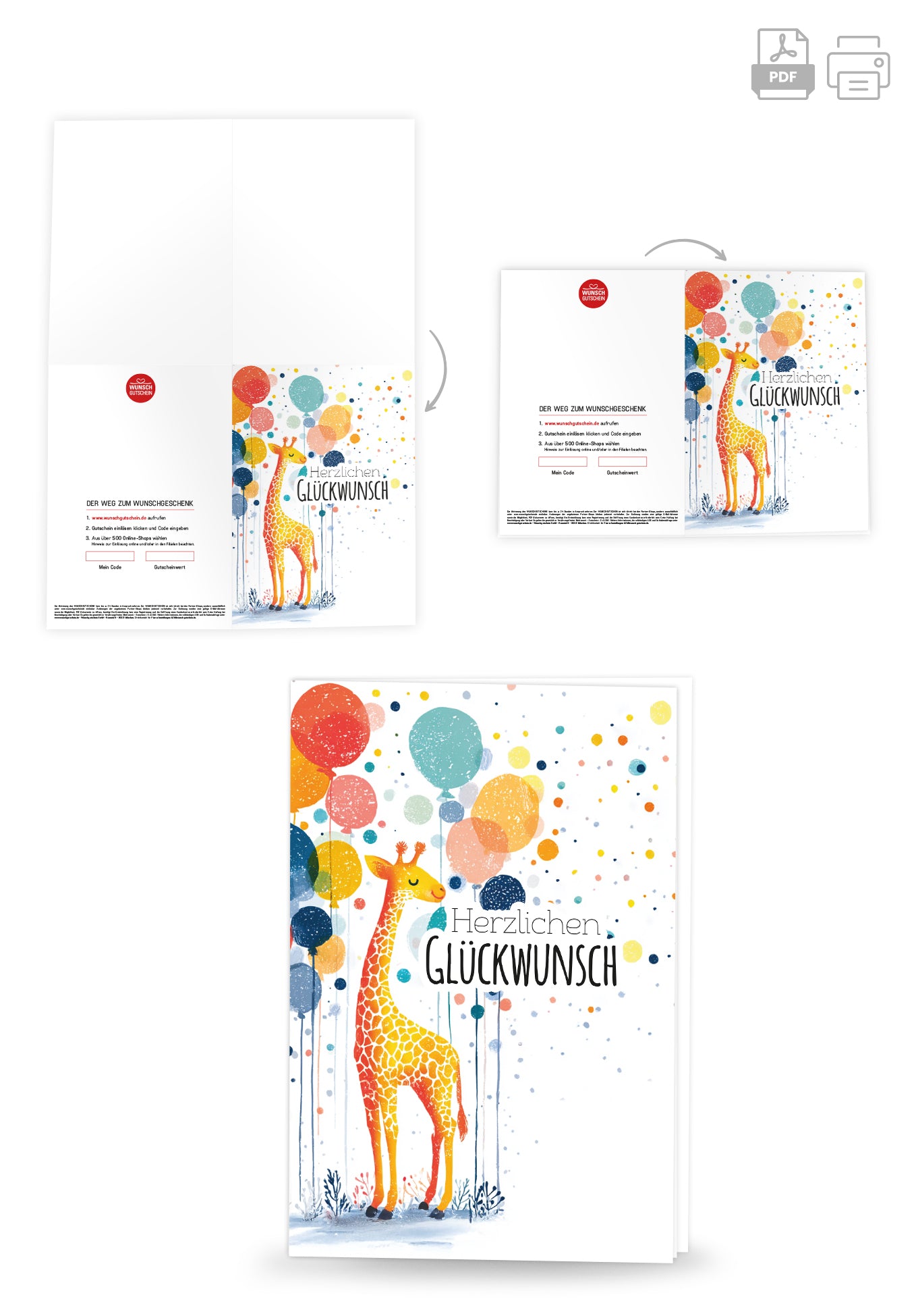 Wunschgutschein Herzlichen Glückwunsch - Giraffe und Ballons PDF – Geschenkgutschein Ansicht 4