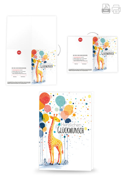 Wunschgutschein Herzlichen Glückwunsch - Giraffe und Ballons PDF – Geschenkgutschein Ansicht 4