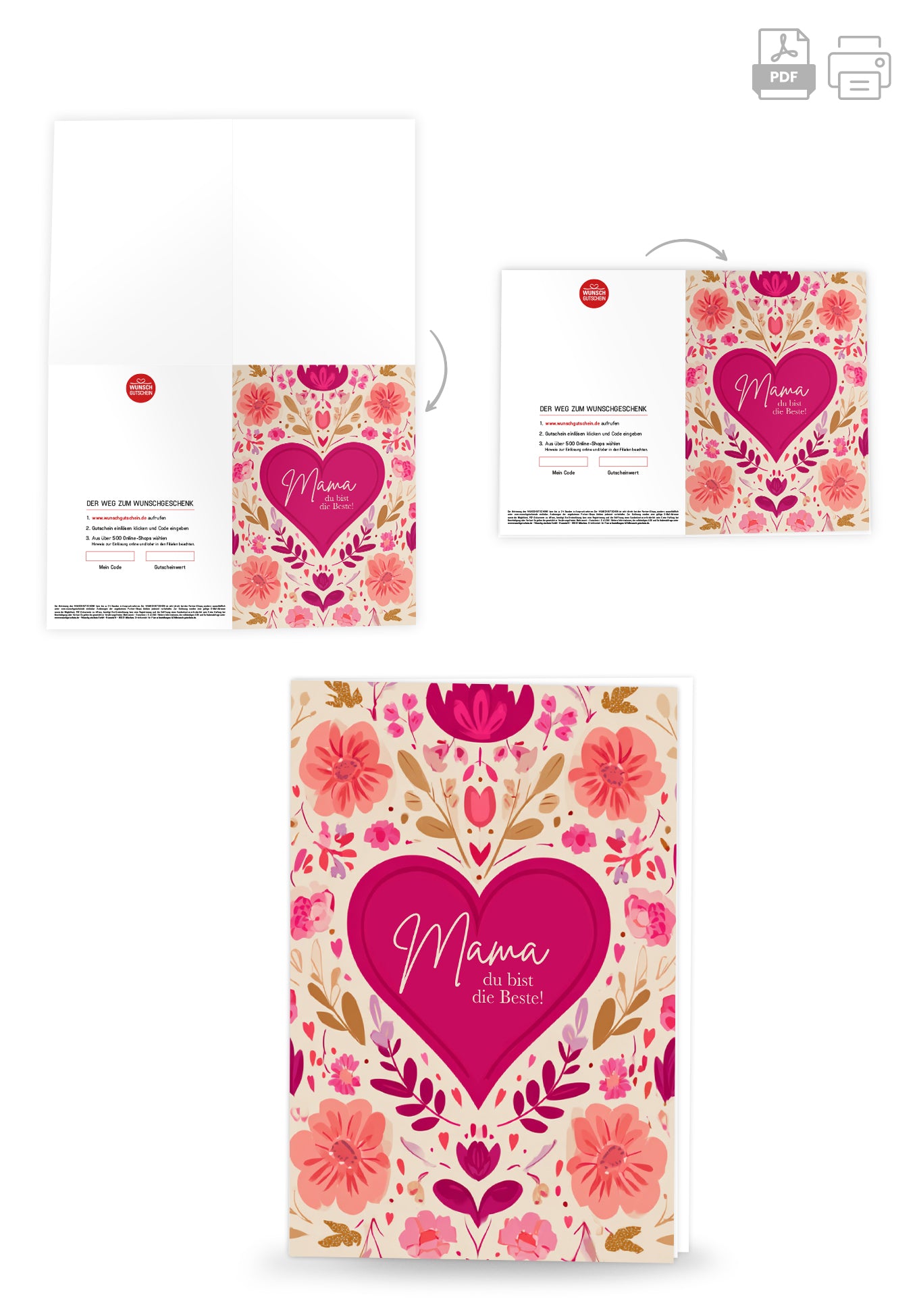 Wunschgutschein Mama du bist die Beste - Herz Blumenmuster PDF – Geschenkgutschein Ansicht 4