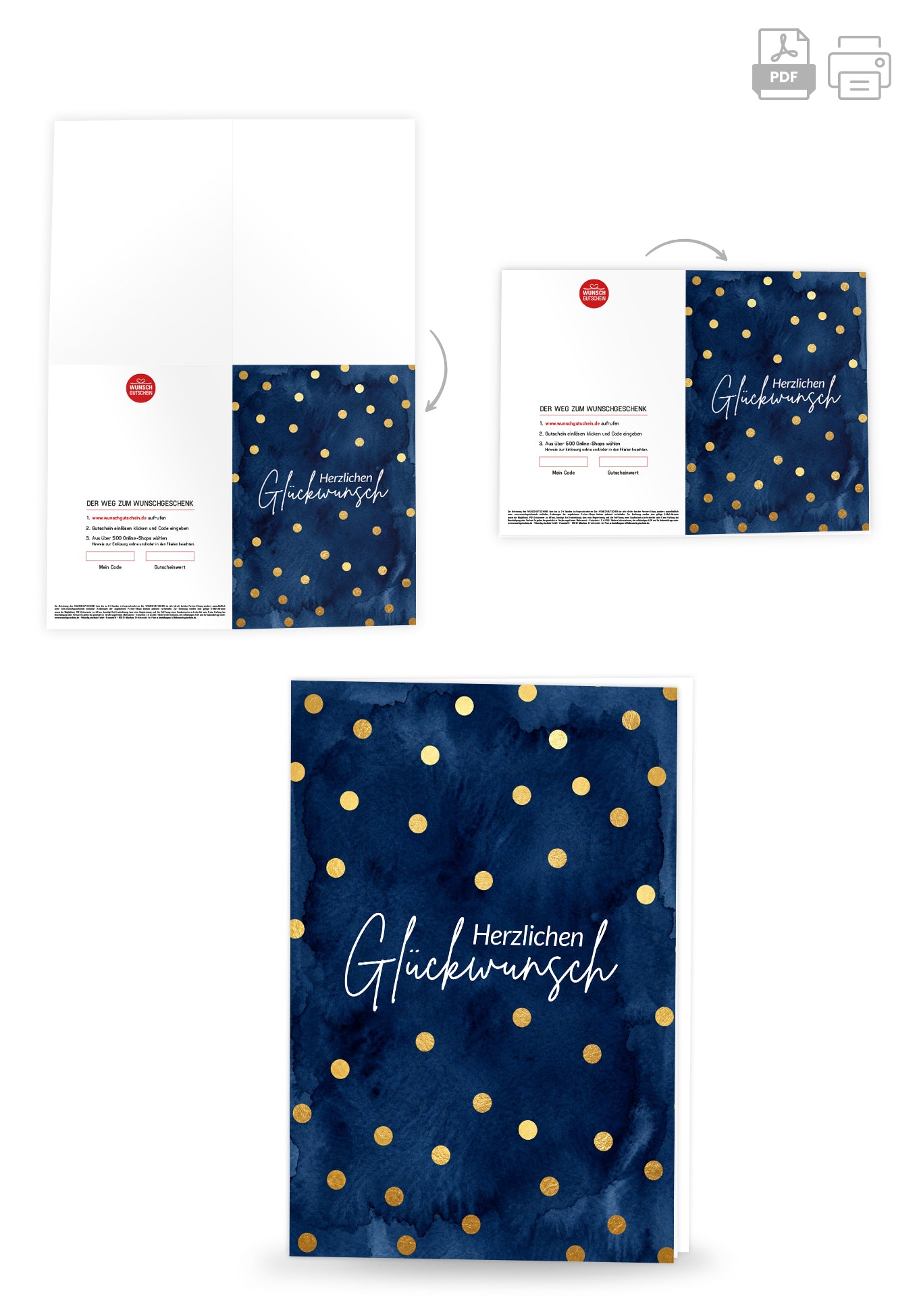 Wunschgutschein Herzlichen Glückwunsch - Punkte Gold Blau PDF – Geschenkgutschein Ansicht 4